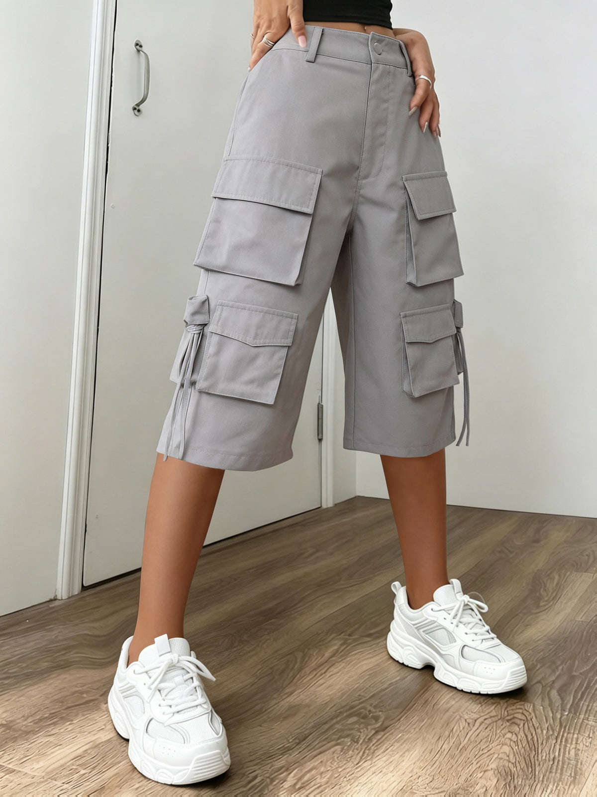 Women'S Fashion Multi-Functional Street Cargo Shorts, Multi-Pocket Design for Walking, Shopping, Parties - Light Grey