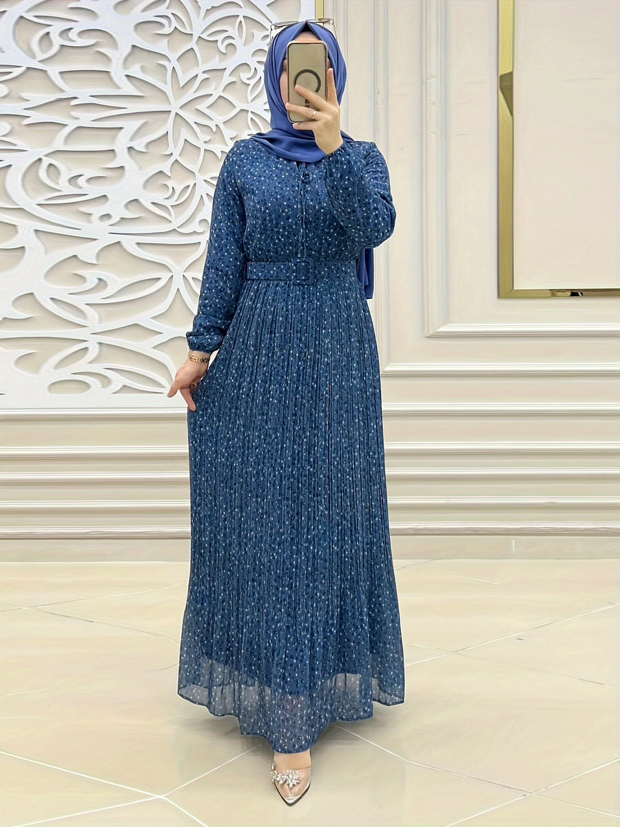 Women's Middle Eastern Muslim Chiffon Floral Print Long Dress - Deep Blue