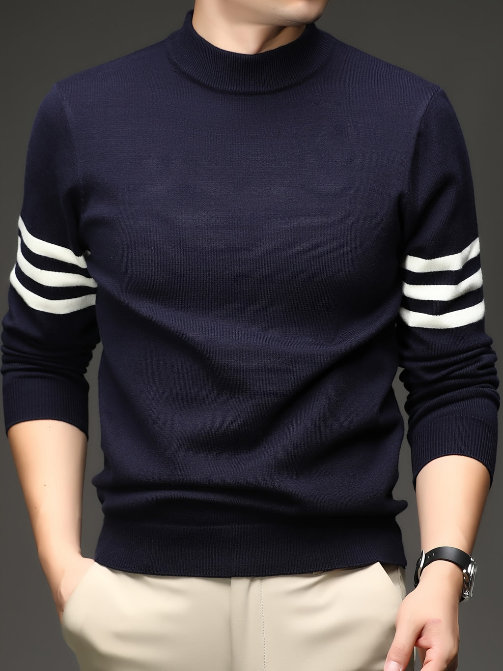 [Wading Whale OBM] 1pc Autumn Winter New Men'S Knit Pullover Sweater, Old Money Style Contrast Striped Round Neck Long Sleeve Knit Sweater for Men, Business Casual Fashion Striped Sweater, Suitable for Spring, Autumn, Winter Layering Or Inner Wear - Shangqing