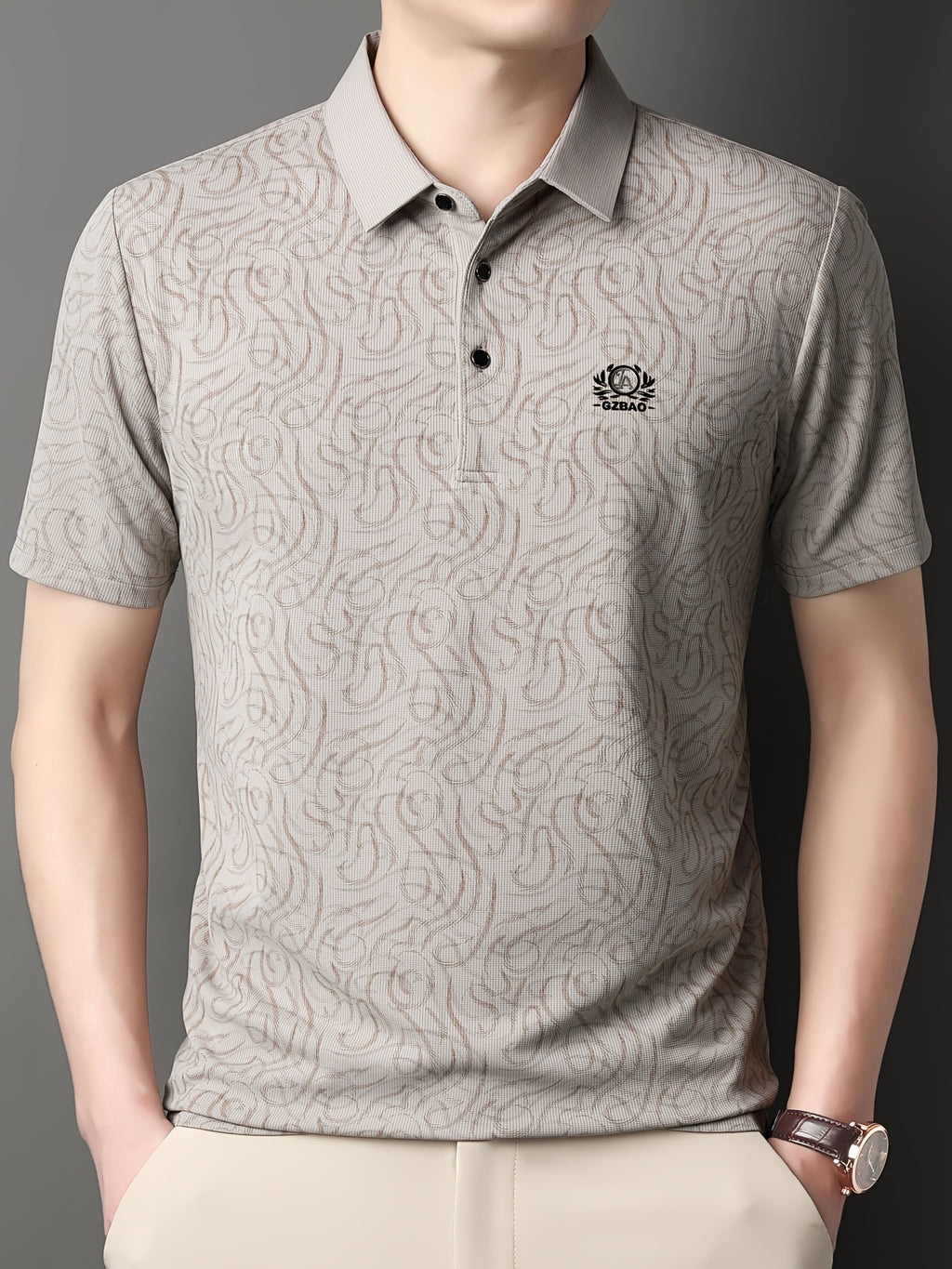 [Saa Xing OBM] 1pc Spring/Autumn New Men'S Polo Shirt, Old Money Style Textured Contrast Print Half-Button Collar Short Sleeve T-Shirt, Fashionable And Versatile Pullover Base Layer Top, Suitable for Spring, Summer, Autumn Wear, Fits Daily Casual - Khaki 1