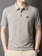 [Saa Xing OBM] 1pc Spring/Autumn New Men'S Polo Shirt, Old Money Style Textured Contrast Print Half-Button Collar Short Sleeve T-Shirt, Fashionable And Versatile Pullover Base Layer Top, Suitable for Spring, Summer, Autumn Wear, Fits Daily Casual - Khaki 1