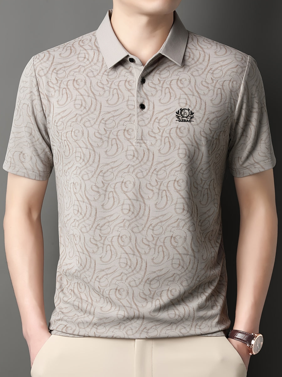 [Saa Xing OBM] 1pc Spring/Autumn New Men'S Polo Shirt, Old Money Style Textured Contrast Print Half-Button Collar Short Sleeve T-Shirt, Fashionable And Versatile Pullover Base Layer Top, Suitable for Spring, Summer, Autumn Wear, Fits Daily Casual - Khaki 1