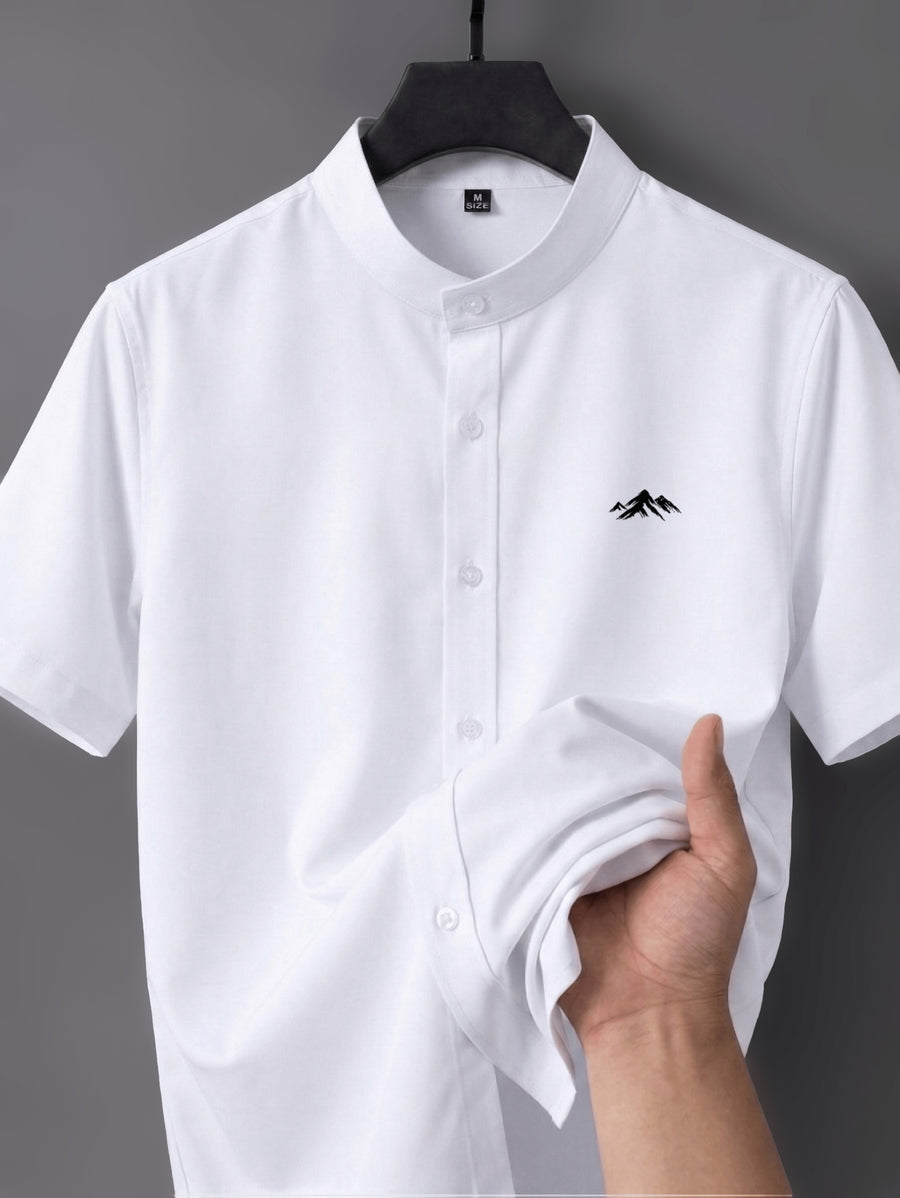 Men's Short-sleeve Shirt with Stand-up Collar/Henley Collar Design, Featuring Exquisite Peak-shaped Embroidery on the Chest - White
