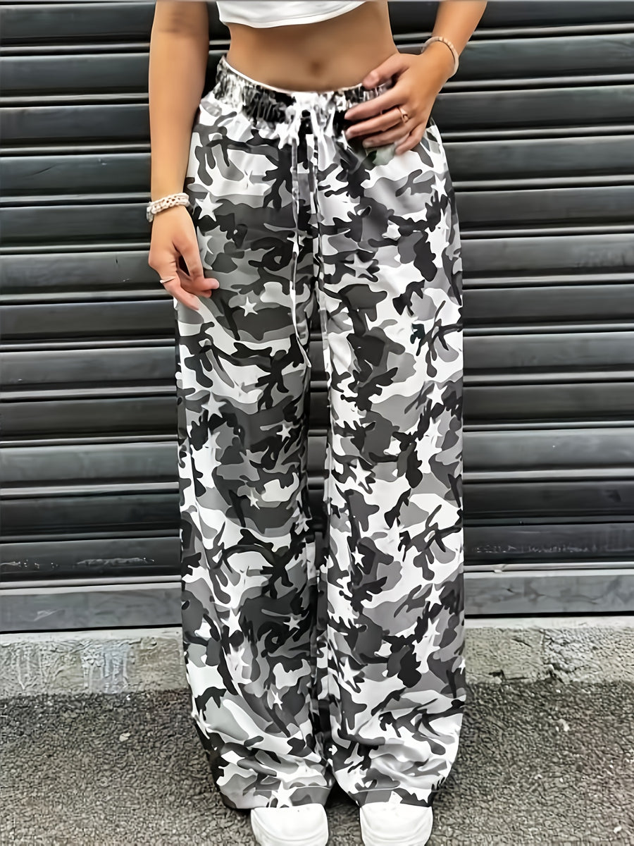 YY0720291 Women'S Casual Camo Print Drawstring Wide-Leg Pants - Multicolor