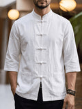 Spring Summer Men'S Top New Linen Short Sleeve Shirt Chinese Style Traditional Ancient Style, Button-Up Loose Casual Fashion Temperament High-End Men'S Comfortable Skin-Friendly Business Easy Style Fabric with Texture - White
