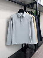 [Saa Xing OBM] 1pc Spring/Autumn New Men'S Polo Shirt, Old Money Style Textured Solid Color Half-Button Collar Single-Button Polo Neck Long Sleeve Men'S Fashion Versatile Pullover Base Layer Top, Suitable for Spring, Autumn, Wear - Light Grey