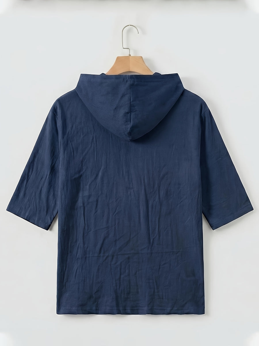 Men'S Linen Short-Sleeved Hoodie, Fashionable Men'S Top, Short-Sleeved Hoodie, Individual Trend, Comfortable And Breathable Fabric, Suitable for Outdoor Leisure, Camping, Vacation, Beach, Daily Street Wear - Navy Color