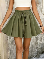 Western Summer New Solid Color Fashion Elegant Waist-Cinching Loose Wide-Leg Shorts Skort - Olive Green