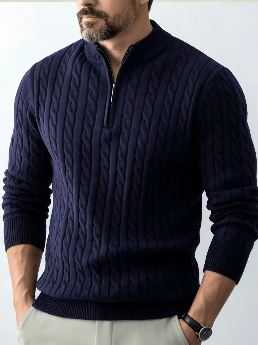 Men's Relaxed-fit Spring and Autumn Style with a Chic Half-zipper Design for a Casual, Laid-back Look. The Exquisite Cable-knit Texture Adds a Vintage Touch, While the Solid Color Offers a Calm and Sophisticated Vibe, Perfect for Creating a Casual - Navy Color