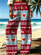 Women's Vintage Christmas Sweater Wide-Leg Trousers - Loose-Fit Wide Pants Suitable for Holiday Outfits, Daily Wear & Themed Parties, Machine Washable Style for (No Stretch) - Mixed colors