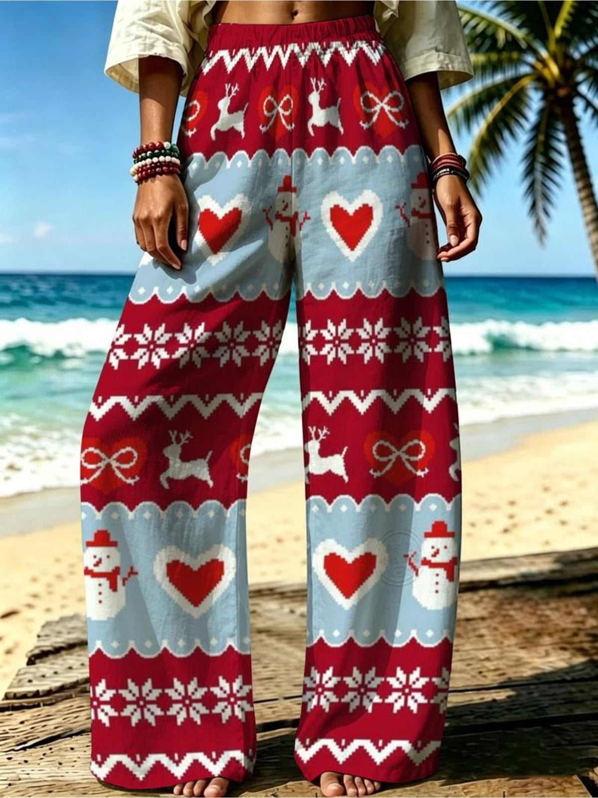 Women's Vintage Christmas Sweater Wide-Leg Trousers - Loose-Fit Wide Pants Suitable for Holiday Outfits, Daily Wear & Themed Parties, Machine Washable Style for (No Stretch) - Mixed colors