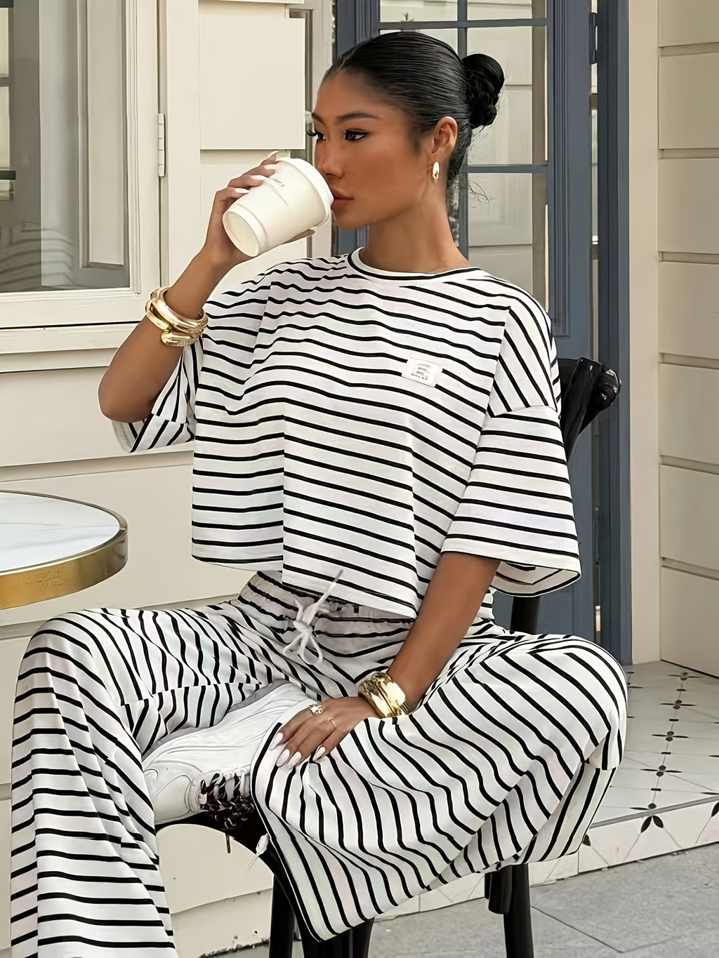 Women'S Striped Short Sleeve Top And Long Pants 2pcs Set, Spring Summer Casual Outfit - White Stripes