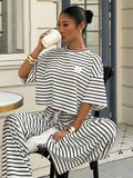 Women'S Striped Short Sleeve Top And Long Pants 2pcs Set, Spring Summer Casual Outfit - White Stripes