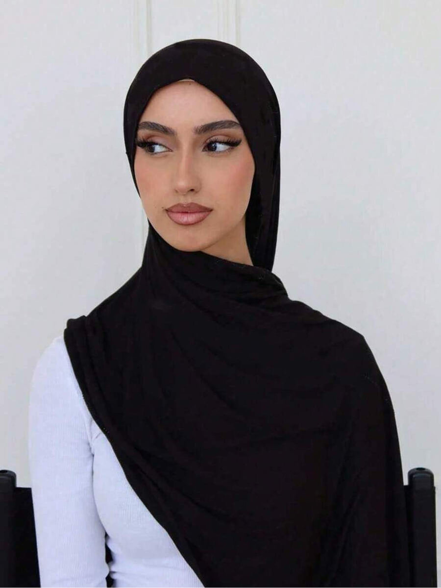 1pc Women'S Jersey Headscarf, Solid Color Scarf, Jersey Headwrap, Muslim Prayer Head Wrap Abaya, Suitable for All Seasons for Dress - Black