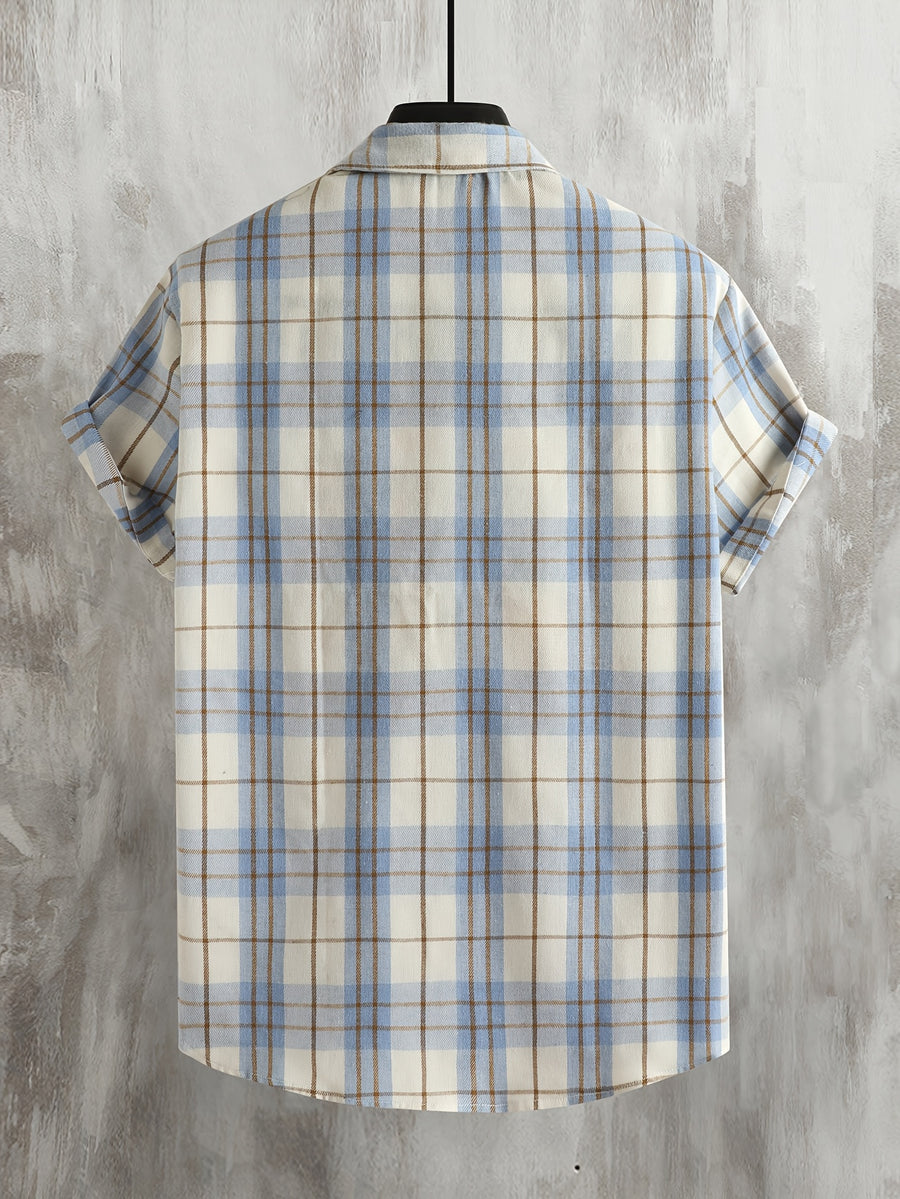Men's Plaid Button-Up Short-Sleeve Shirt - Collar Button-Front Closure, Machine Washable Suitable for Dates, Spring Summer Casual Wear, Gift for Husband, Plaid Pattern.com-Compatible for Plaid Designs - Bright Steel Blue