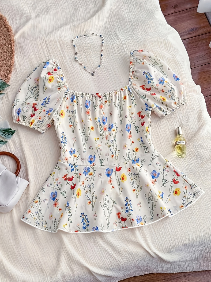 Women's Elegant Casual Series – Vacation Leisure Style Shirt with Random Floral Print on the Front Placket and Tie - Mixed colors