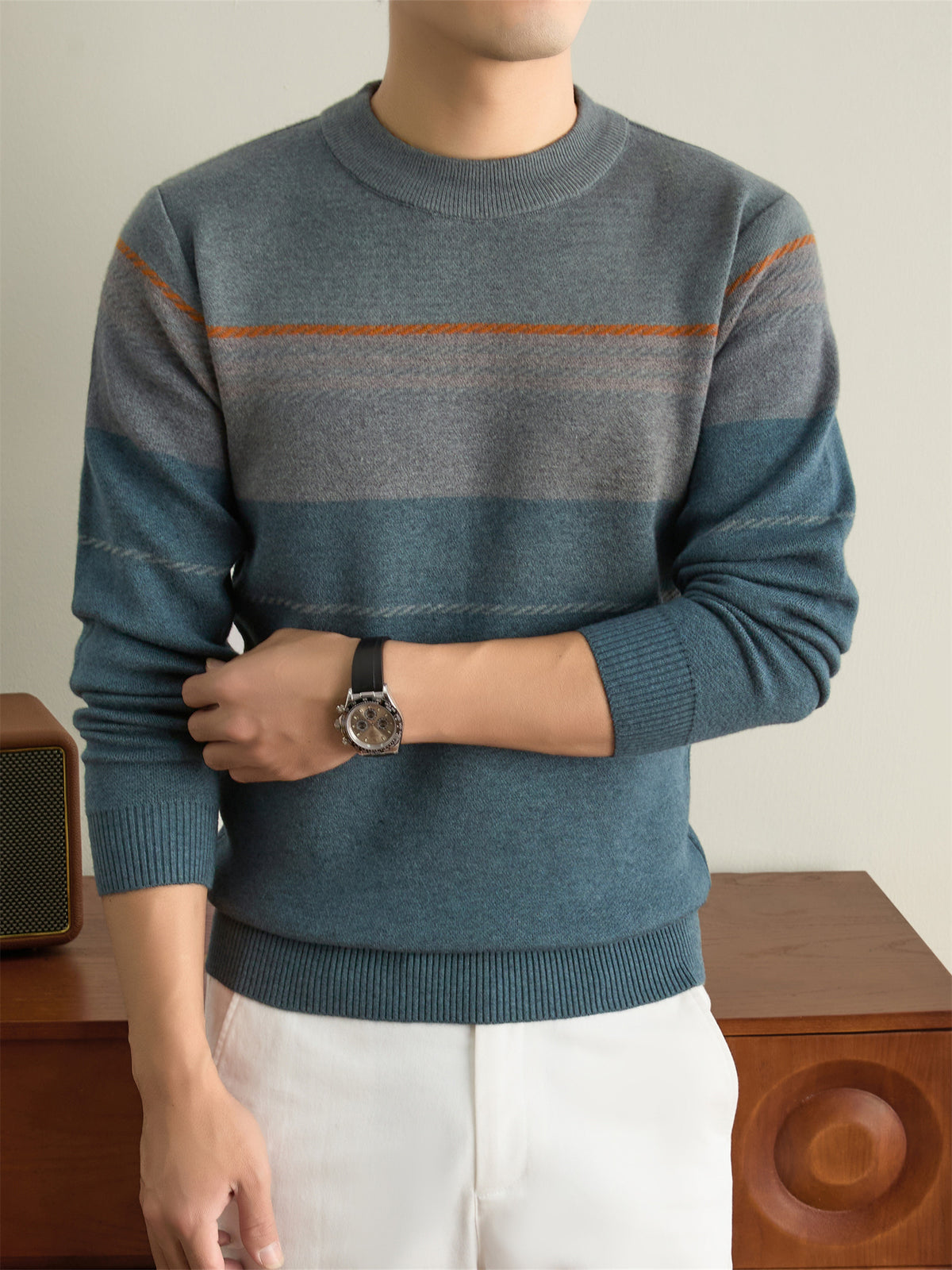 Autumn Winter Knit 3D Solid Round Neck Sweater, Basic Knit Pullover Top for Men, Fashionable Long Sleeve Sweater, Size Y - Bean Green