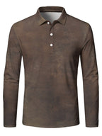 Men'S Long Sleeve Polo Shirt, Brown Vintage Distressed Texture Digital Print, Polo Collar, Three Button Placket, Polyester, Regular Fit, Casual Vintage Style, Daily Wear Travel Gatherings, Spring And Fall - Mixed colors