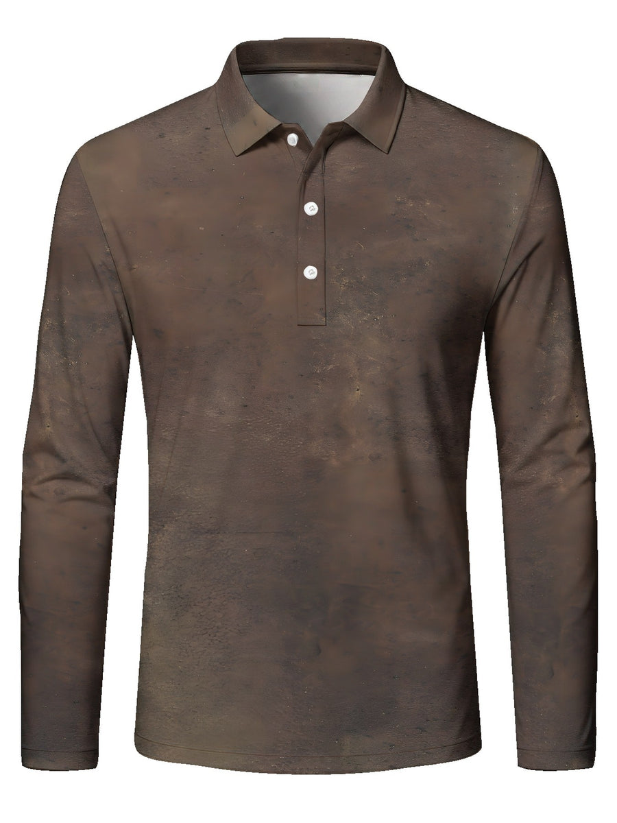 Men'S Long Sleeve Polo Shirt, Brown Vintage Distressed Texture Digital Print, Polo Collar, Three Button Placket, Polyester, Regular Fit, Casual Vintage Style, Daily Wear Travel Gatherings, Spring And Fall - Mixed colors