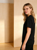 Women's Elegant Round Neck Short-Sleeve T-Shirt - Solid Color Blouse Suitable for Spring Summer Fall, Medium Stretch Opaque Short Sleeve Top, Machine Washable Casual & Dressy Basic Blouse for Layering, Regular Fit Wardrobe Essential - Black