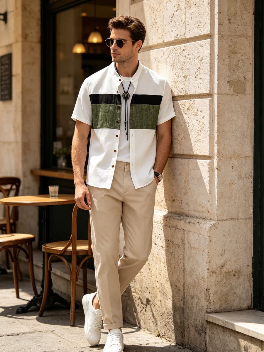 Men'S Summer Shirt, Stand Collar Short Sleeve Contrast Button-Up Shirt - Military Green