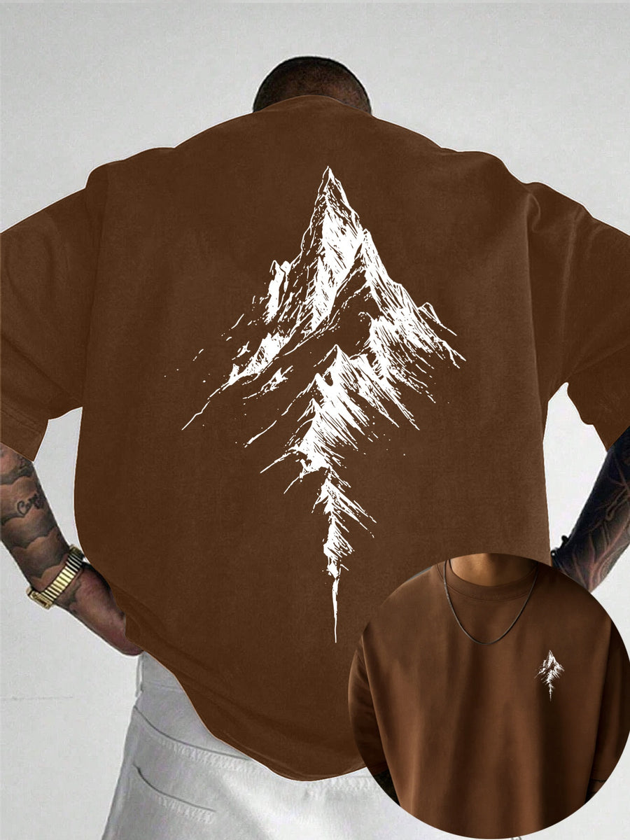 Men's 100% Pure Cotton T-Shirt, Minimalist Mountain Print, Soft and Breathable, Suitable for All Seasons, for Daily Casual and Commuting Wear - Coffee Brown