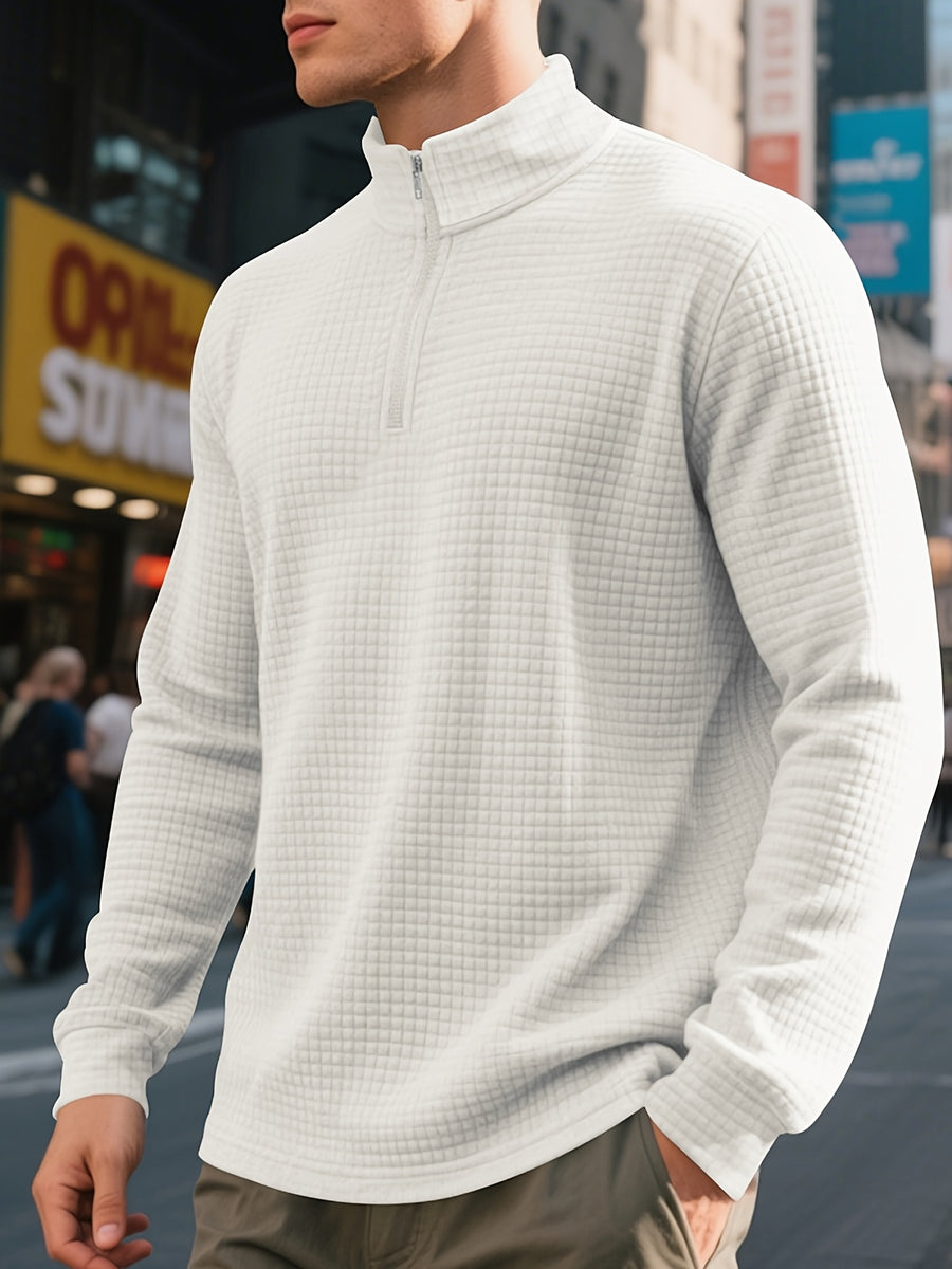 Men'S Four-Season Minimalist Casual Loose Jacquard Stand Collar Half-Zip Base Sweatshirt - White