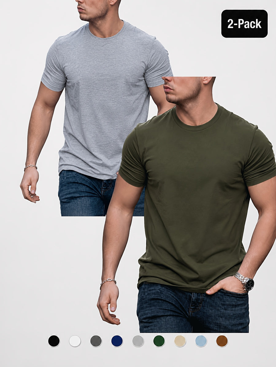 2pcs Men'S Round Neck Short Sleeve Top Set, Round Neck Solid Color Easy Style Soft -Like Fabric Basic Wearable Non-Picky Matching Daily Replacement Base Short Sleeve Top Suitable for Multi-Scene High-Frequency Replacement - Light Grey+Army Green