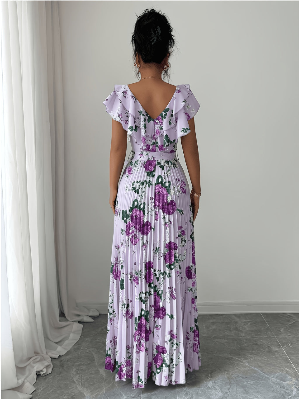 V-Neck Digital Floral Print Vacation Ruffled Waist A-Line Elegant Romantic Women'S Dress - Violet