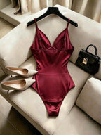 Backless Sleeveless Satin Jumpsuit, Summer New Women'S Casual Elegant Jumpsuit, Jumpsuit, Summer Vacation Costume, Elegant Party, Revealing Clothing, Sexy Outfit, Casual Women'S Wear, Designer Clothing, Role-Play, Hot, Holiday Clothing, Tight Dress - Burgundy
