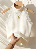 Women's Half-Turtleneck Lace Patchwork Vest, Sweet & Spicy Style, Mature Yet Youthful Look, Outerwear Top - Ivory White