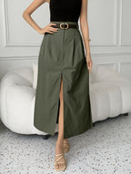 Women'S Old Money Style Elegant Commuter Solid Pocket Mid-Waist Slit A-Line Maxi Skirt (No Belt), Suitable for Dates/Vacation/Outing/Casual/Commute/Elegant/Fashion/Casual/Office/Retro/Holiday/Fun/Elegant/Old Money Style/Streetwear/Vacation Wear/Coun - fern green