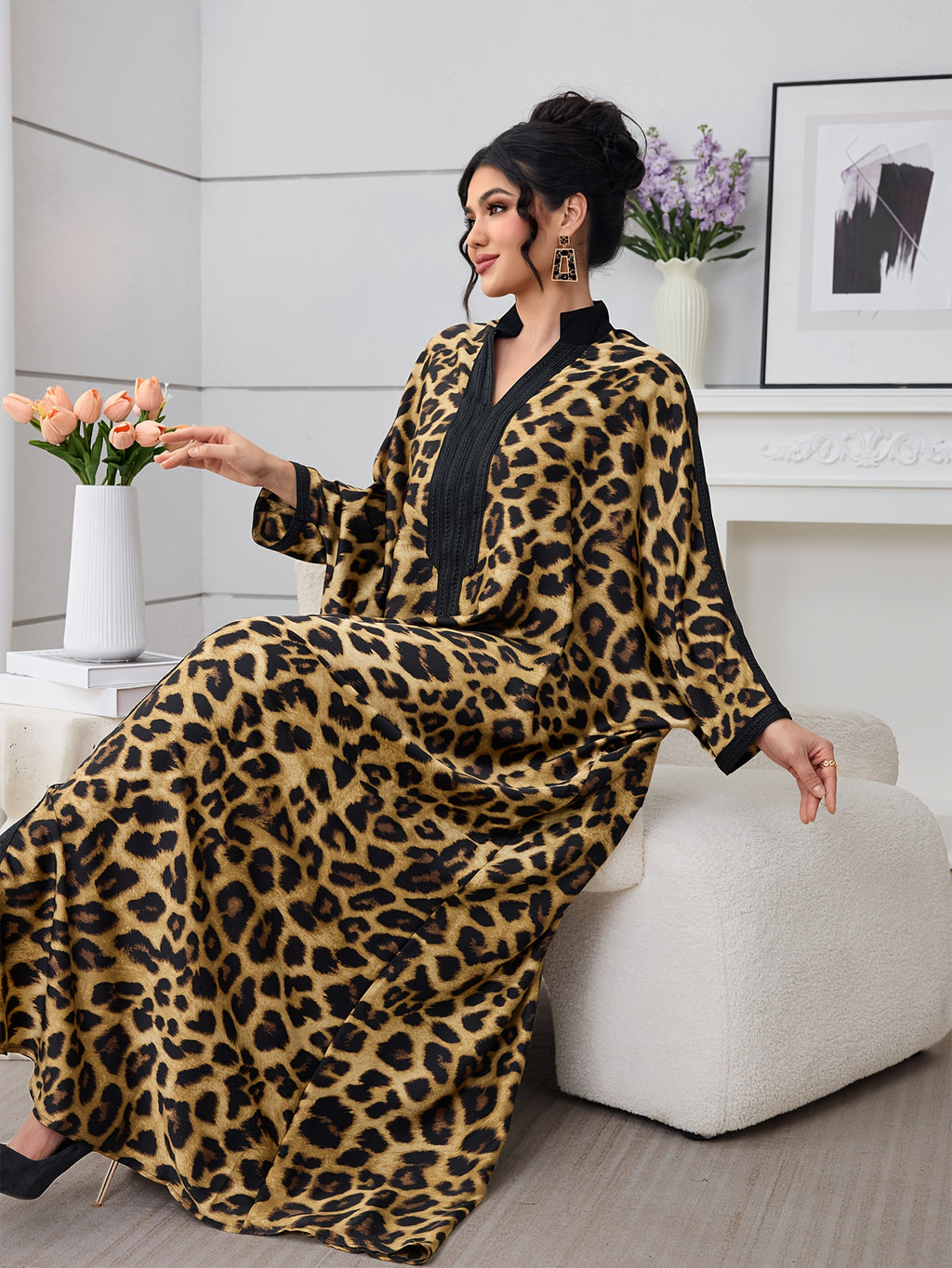 Women'S Loose Leopard Print Casual Daily Party Robe - Black