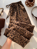 Women's Casual Leopard Print Drawstring Waist Wide-Leg Pants ASD1 - Coffee Brown