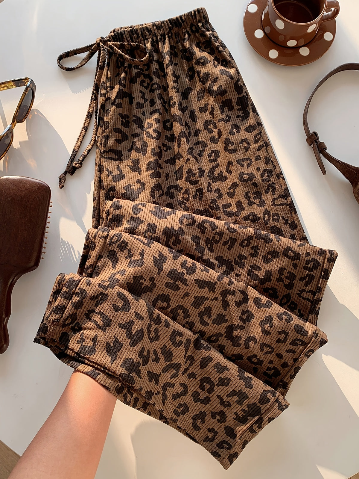 Women's Casual Leopard Print Drawstring Waist Wide-Leg Pants ASD1 - Coffee Brown
