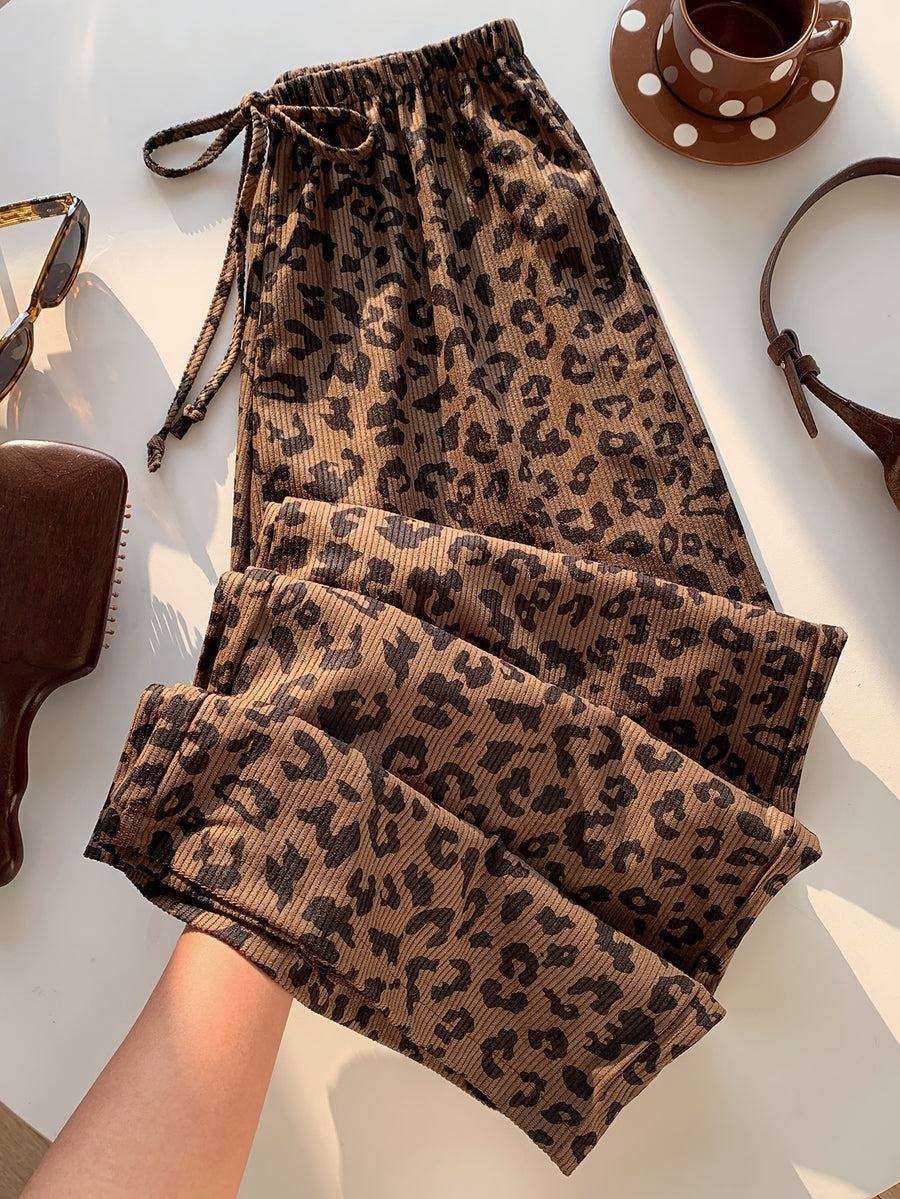 Women's Casual Leopard Print Drawstring Waist Wide-Leg Pants ASD1 - Coffee Brown