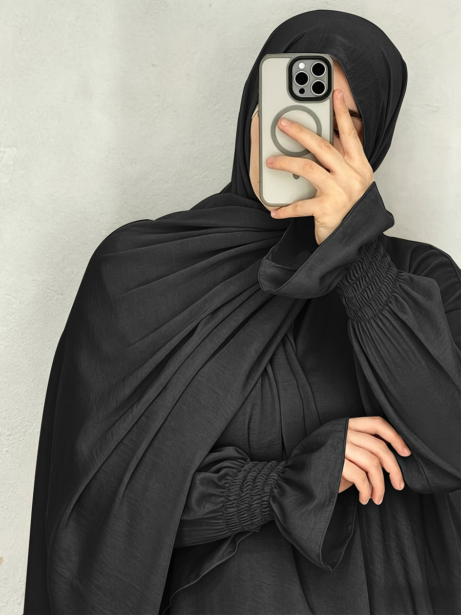 1pc Ice Wrinkled Fabric Scarf And Robe Abaya Khimar Loose Cuff Design Easy Fashion Suitable for Women'S Daily Wear And Prayer All Seasons - Black