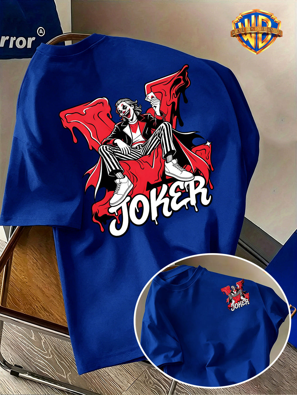 Warner Bros. Official Men's Short-Sleeve Pure T-Shirt, JOKER Ink Splatter Seat Portrait Print, American Vintage Streetwear Style Design, Spring/Summer Top, Regular Fit, Suitable for Outdoor, Fitness, Office, and Daily Wear, A Must-Have Item for Men's - Royal Blue