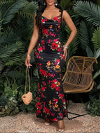 Elegant, Exquisite And Fashionable Floral Print Spaghetti Strap Long Dress V-Neck Open Back Design with Slim Hip-Hugging Silhouette Suitable for Dating Parties, Wedding Guest Occasions, Beach Vacation, Banquets And Formal Events - Black