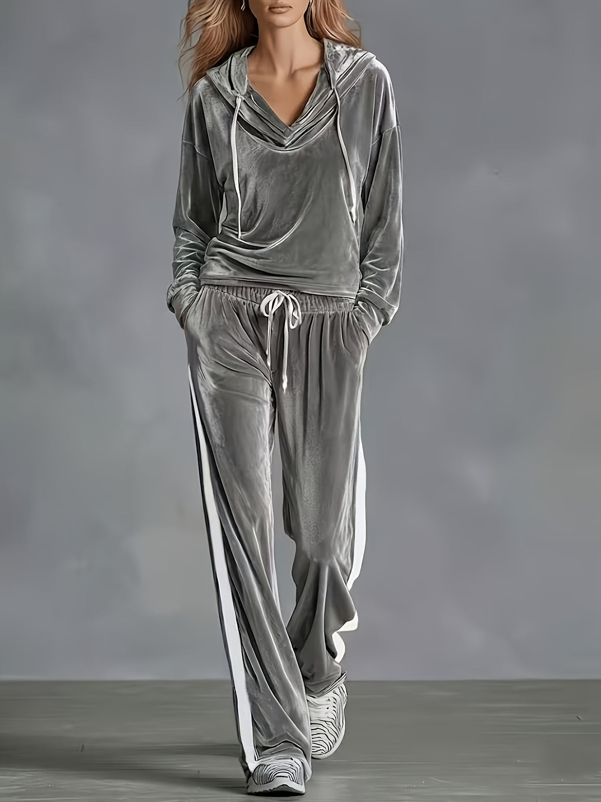 Casual Solid Color Velvet Hooded Sleeveless Top with Side Ribbon Straight-Leg Pants Set - Grey