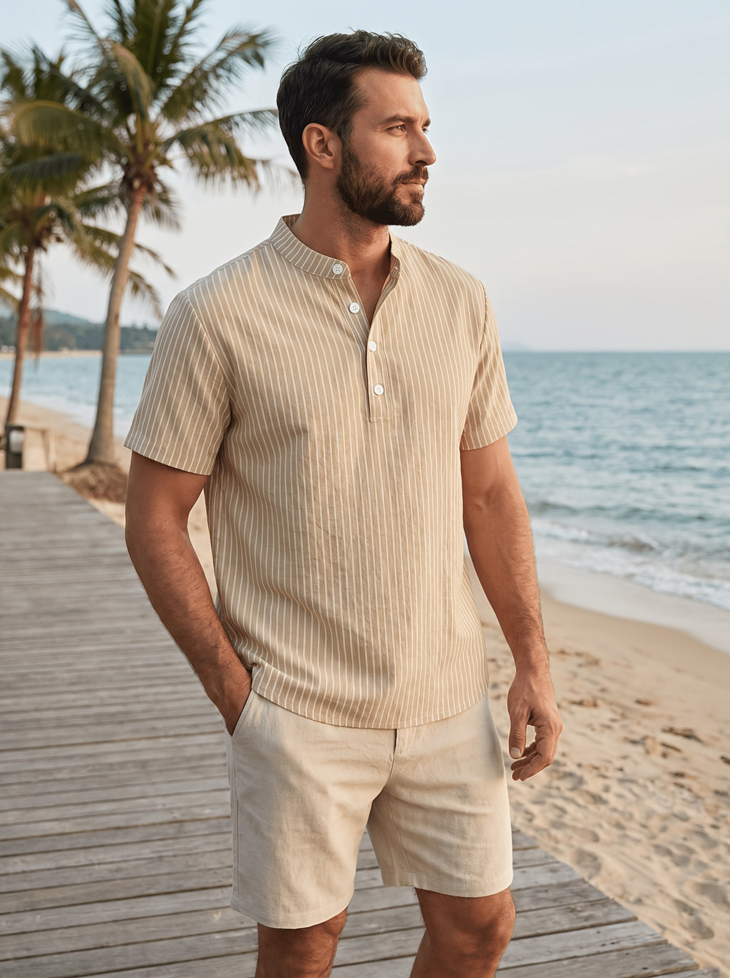 2pcs Men'S Striped Henley Shirt Set, PARIS Chest Print Short Sleeve Shirt, Lightweight Breathable Regular Fit, Suitable for Casual Wear, Travel, And Layering - Khaki+ Khaki
