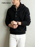 FORLENGKE Men'S Urban Wandering Commuter Style Hooded Half-Zip Knit Sweater, Adjustable Hood with Buckle, Heavy Knit for Temperature Fluctuations, Comfortable for Long Sitting, Suitable for Commuting, Exhibitions, Cafes, Social Gatherings - Black