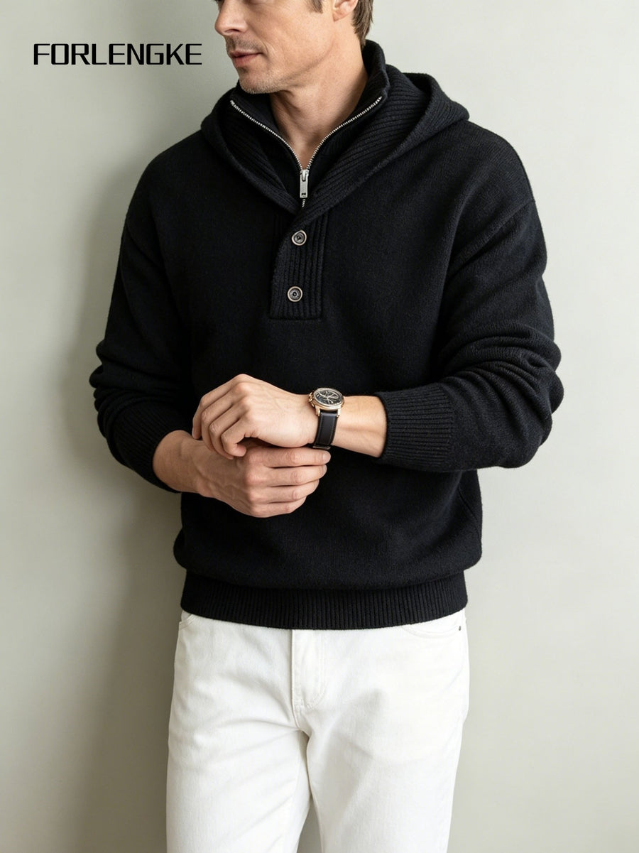 FORLENGKE Men'S Urban Wandering Commuter Style Hooded Half-Zip Knit Sweater, Adjustable Hood with Buckle, Heavy Knit for Temperature Fluctuations, Comfortable for Long Sitting, Suitable for Commuting, Exhibitions, Cafes, Social Gatherings - Black