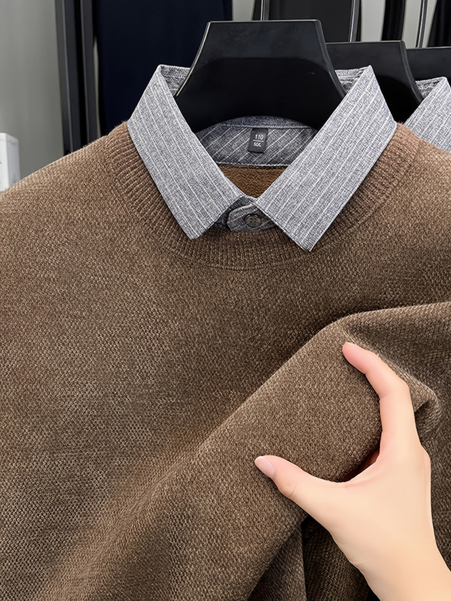 Men'S Faux Two-Piece Shirt Collar Knit Sweater, Commute Style Instant Shape, No Extra Prints, Texture-Driven Quality, Business Casual Dual Compatibility - SINBOS - Coffee Color