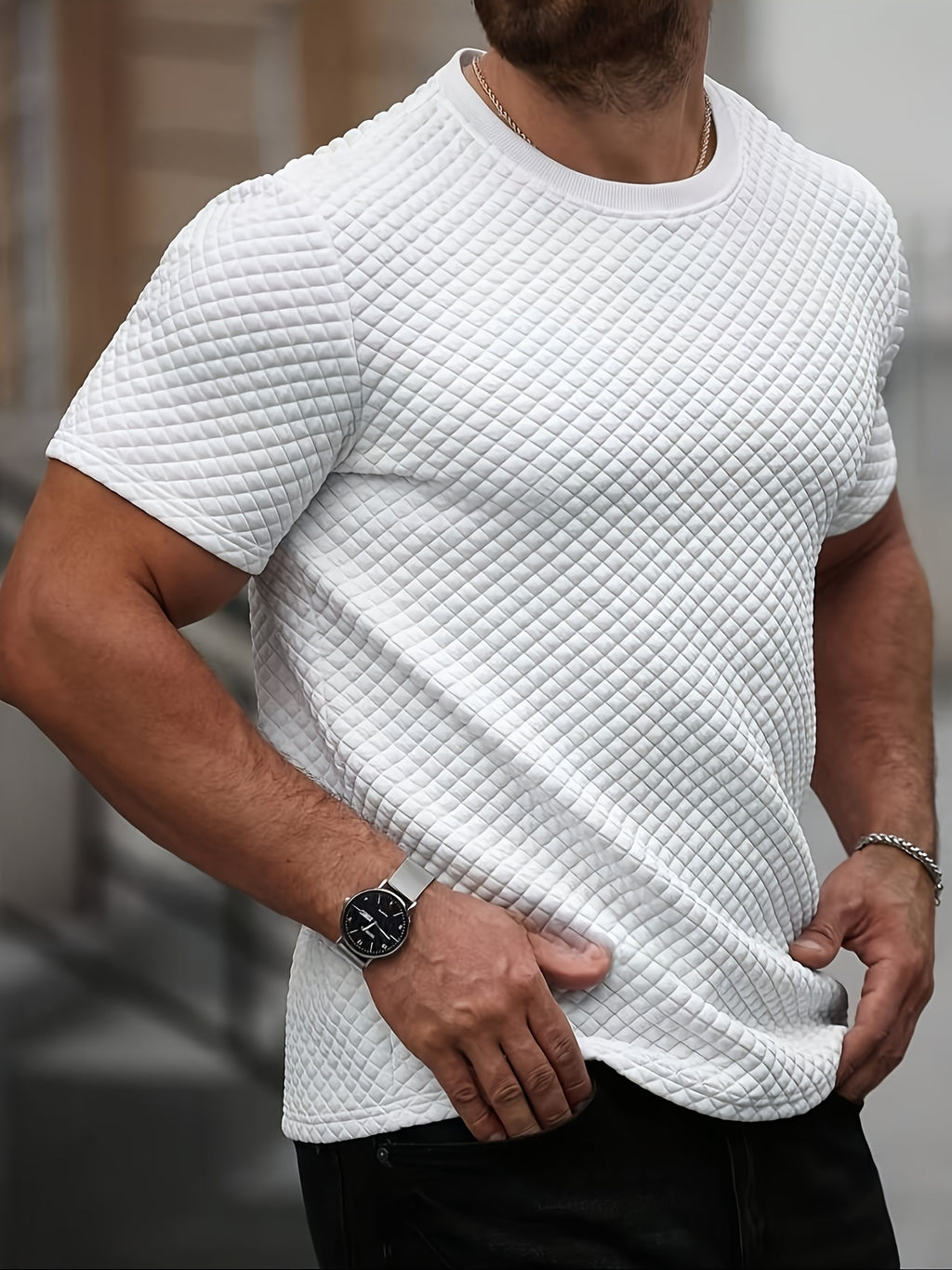 Men's Casual Versatile Solid Color Textured Short-sleeve T-shirt, Simple and Easy to Mix and Match - White