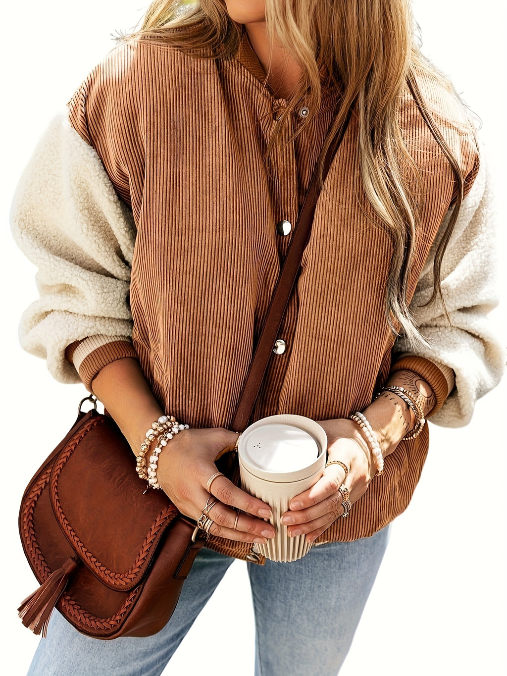 Winter: Women's Corduroy Patchwork Button-Up Pilot Jacket, Contrast Long Sleeve Stand Collar Coat - Dark Brown