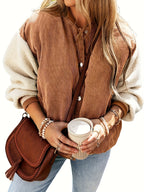 Winter: Women's Corduroy Patchwork Button-Up Pilot Jacket, Contrast Long Sleeve Stand Collar Coat - Dark Brown