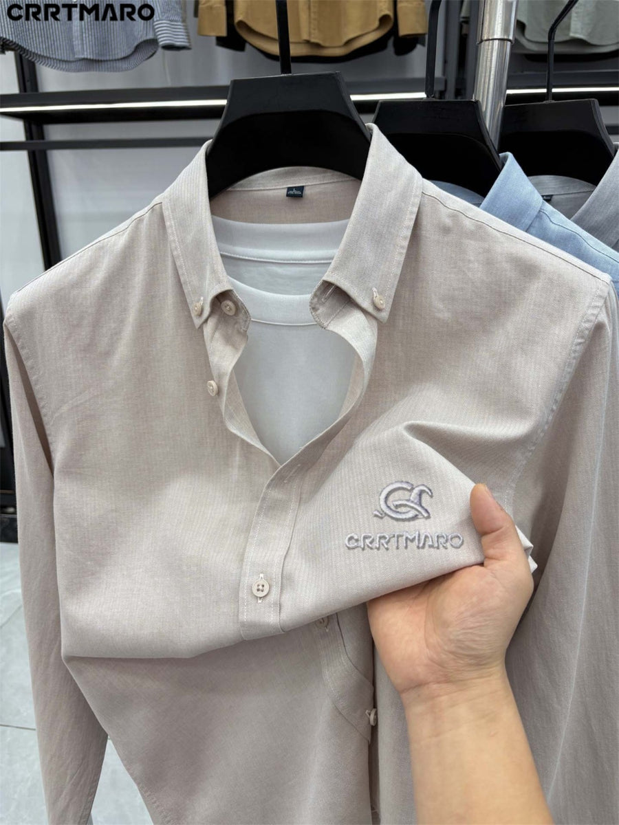 Katemar CRRTMARO Spring/Autumn Men's Business Casual Solid Color Cotton-Blend Long-Sleeve Shirt for Middle-Aged Men, Wrinkle-Resistant and Anti-Wrinkle, Professional, Trendy, and Versatile Dress Shirt NKY - Coffee Color