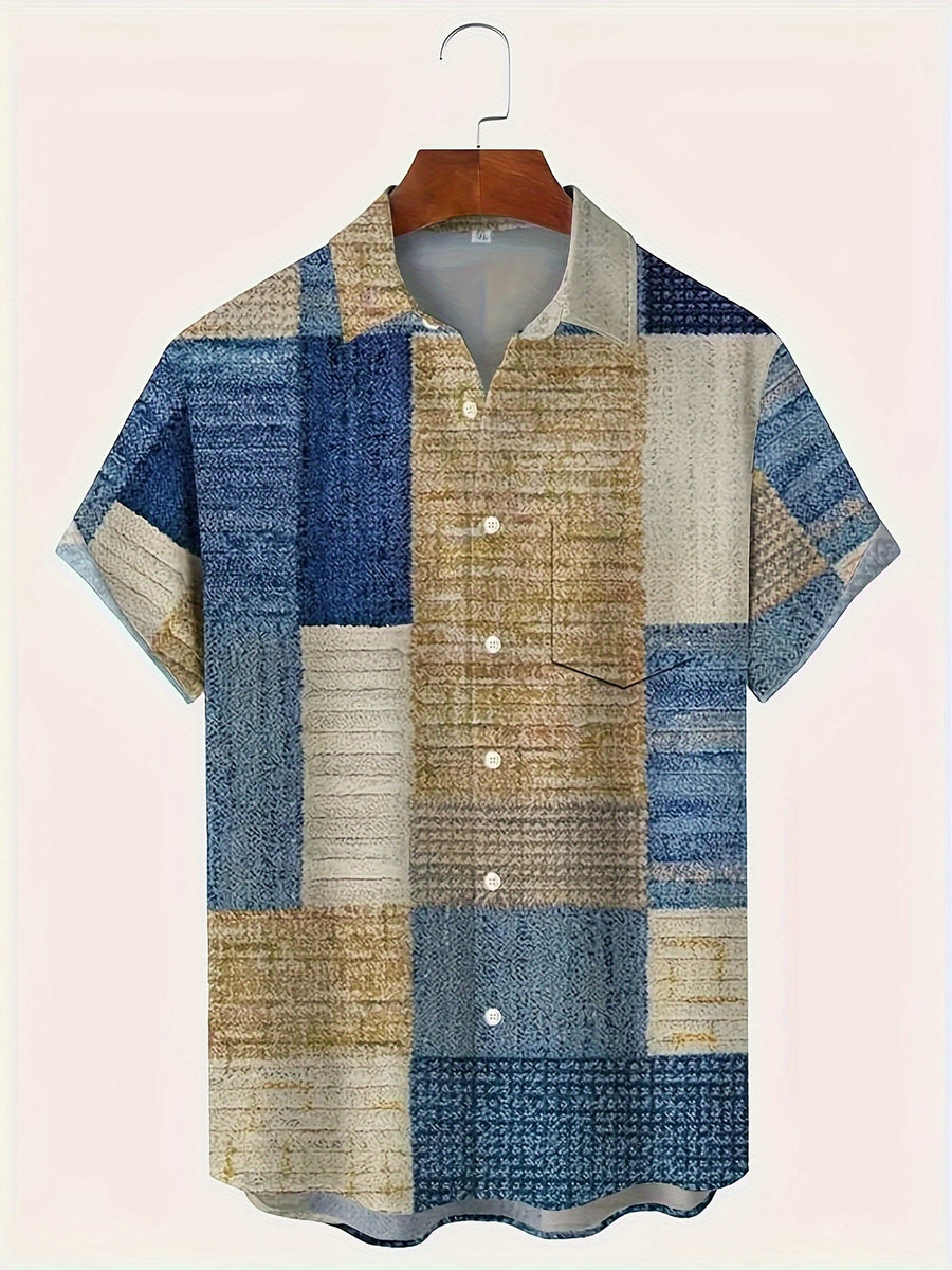 Men'S Vintage Geometric Pattern Short Sleeve Button Up Casual Shirt with Pocket, Fashion Top for Outdoor Activities Holiday As Gifts - Blue