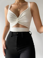 Spring Summer New Vest with Feminine V-Neck Hollow Out Exposed Navel Twist Small Vest Top - White